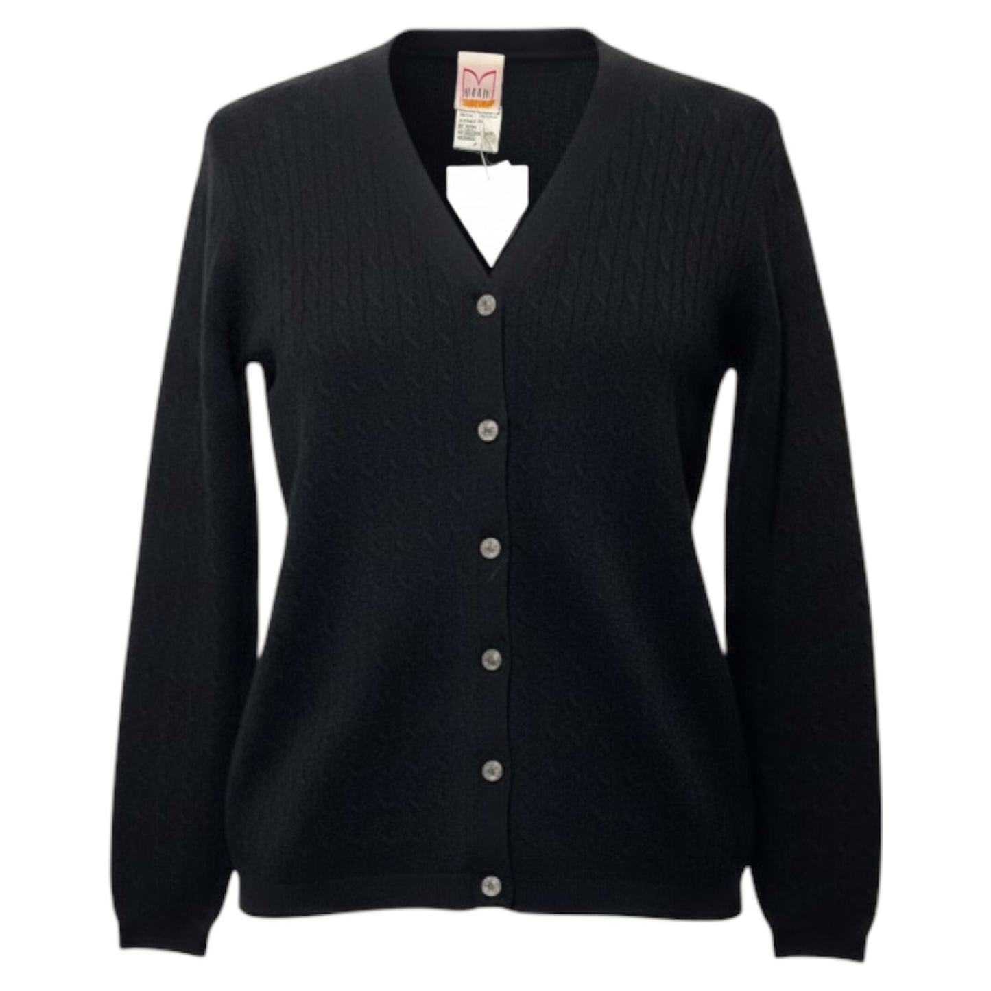 Vintage Cashmere Cable Knit Cardigan Sweater By Mondi In Black, Size: M