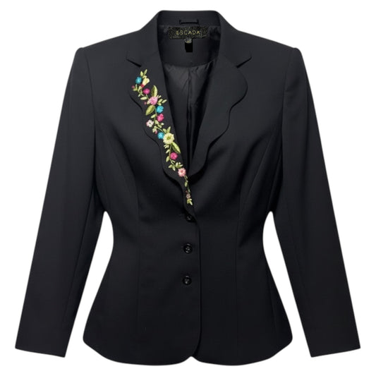 Floral Embroidered Blazer Designer By Escada In Black, Size: M