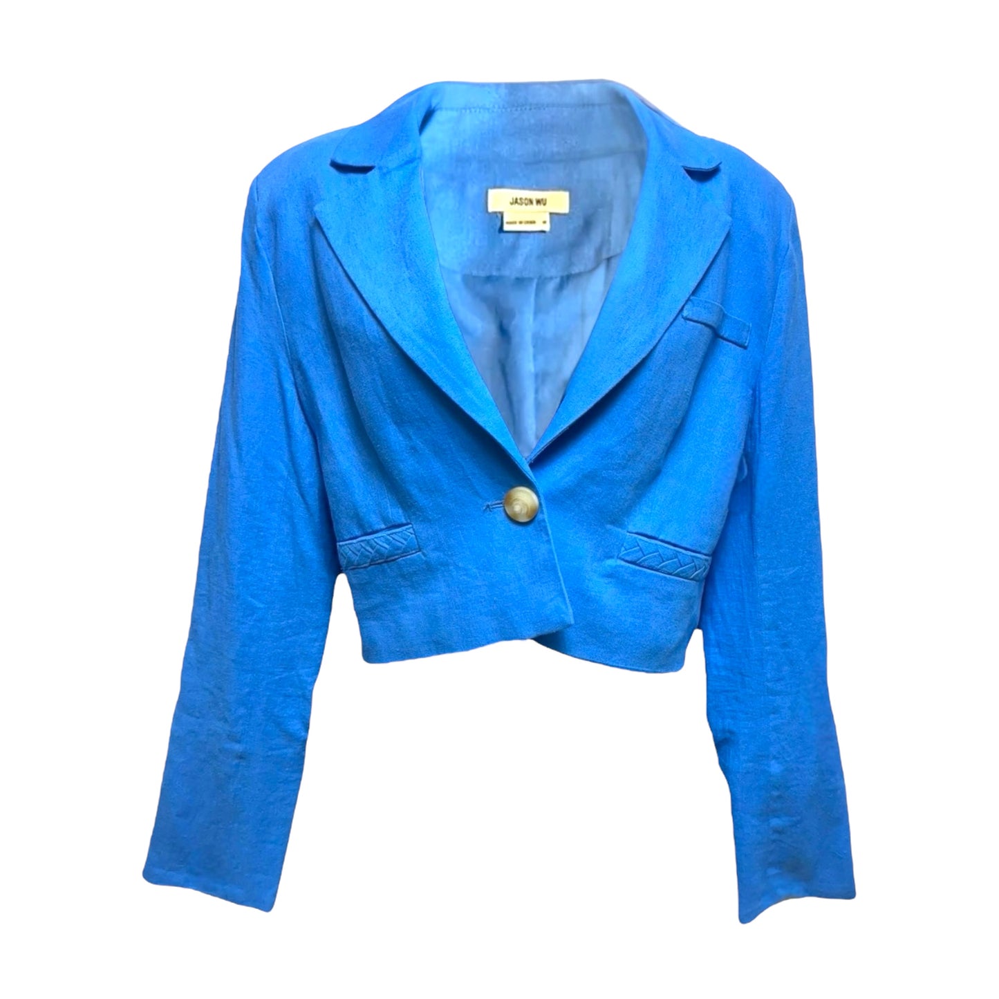 Linen Blend Cropped Blazer Designer By Jason Wu In Blue, Size: S