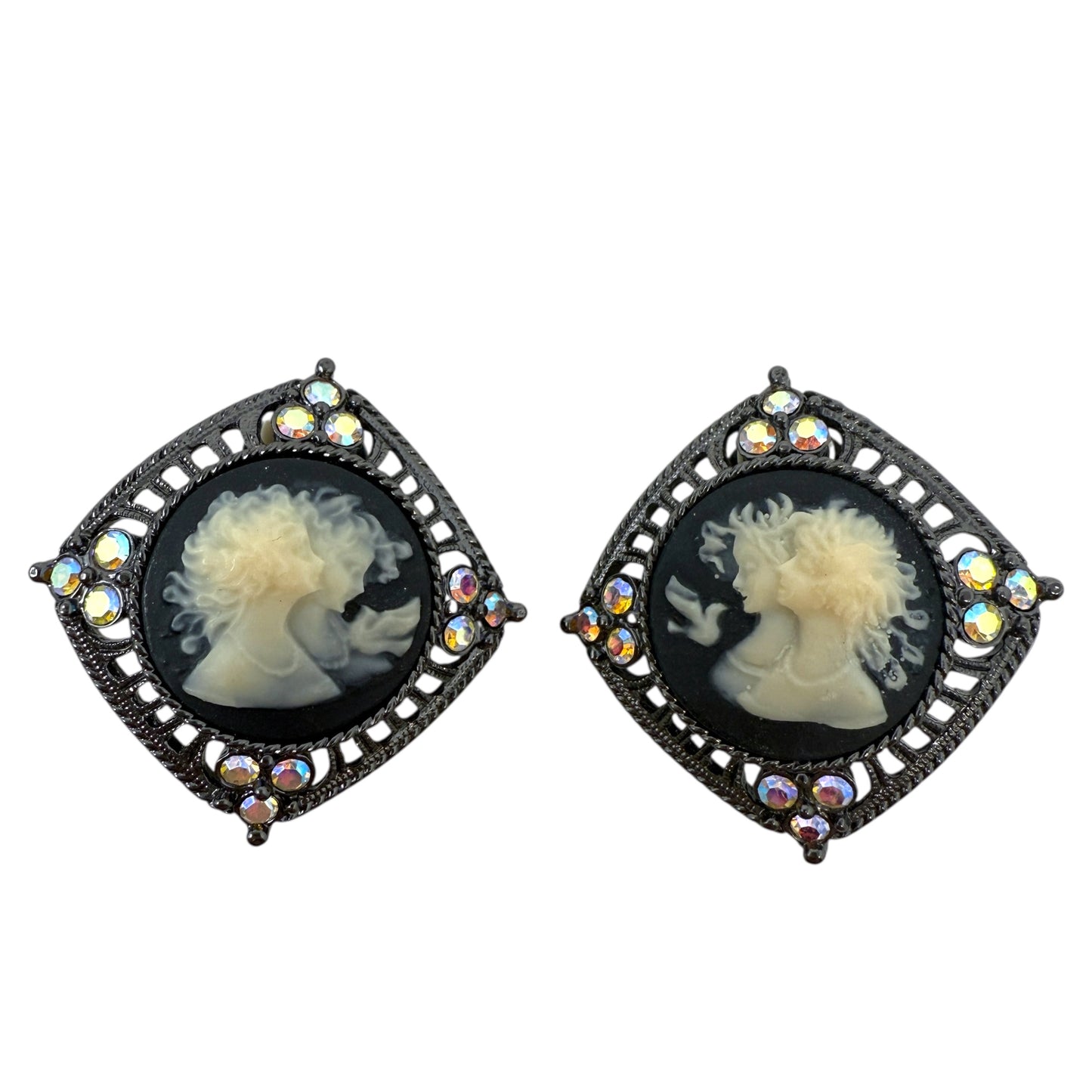 Vintage Cameo & Crystal Clip Earrings By Joan Rivers
