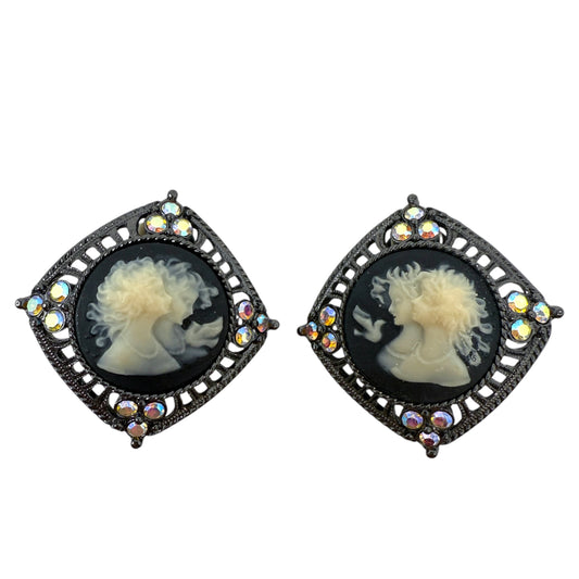 Vintage Cameo & Crystal Clip Earrings By Joan Rivers