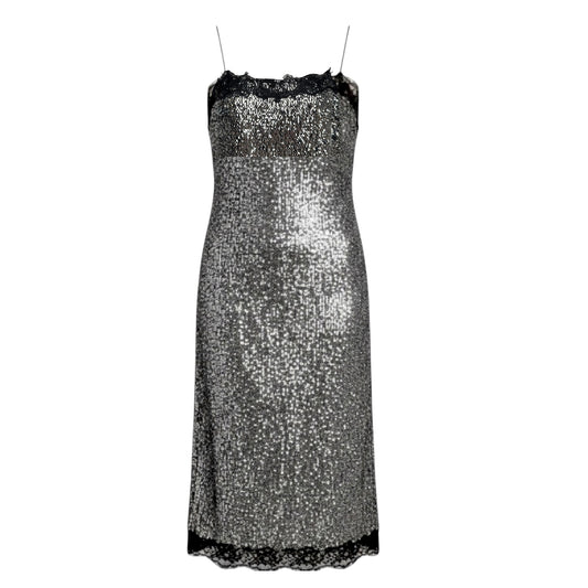 Allegra Sequin Lace Trim Dress Party Midi By Lilly Sisto x Gianni Bini In Silver, Size: 8