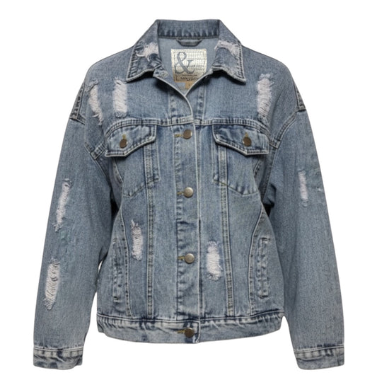 Embellished Sunflower Distressed Denim Trucker Jacket By Ampersand Avenue In Blue Denim, Size: S