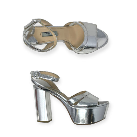 Metallic Platform Sandals Luxury Designer By Prada  Size: 8.5 (IT 38.5)